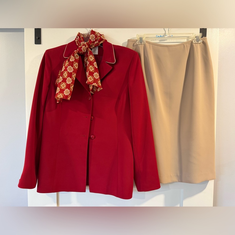 Le Suit Red Blazer with Beige Skirt and Scarf
